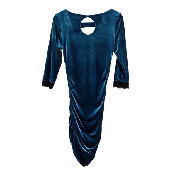 Vintage Frederick's Of Hollywood Bodycon Dress Peacock Blue Stretch Velvet Lace - Picture 2 of 11
